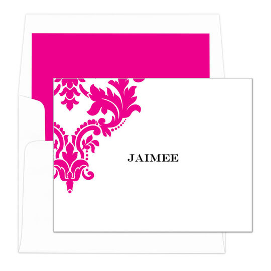 Hot Pink Damask Scroll Foldover Note Cards